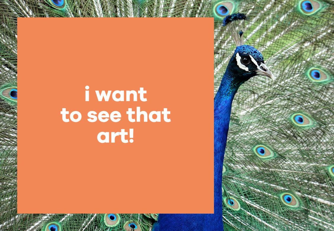 peacock peeking around text box reading "I want to see that art!"